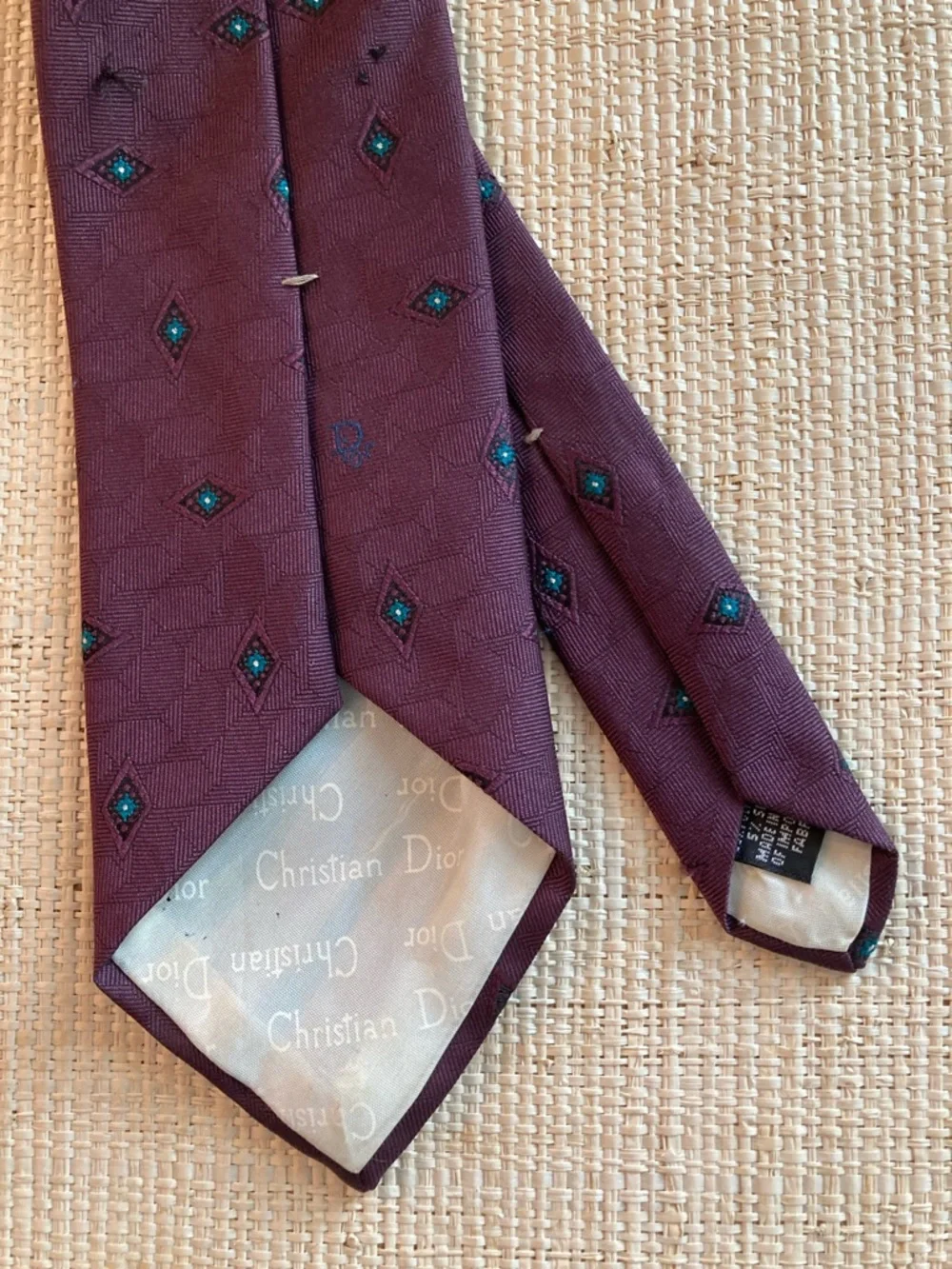 Vintage Christian Dior Burgundy Diamond-Pattern Silk blend Tie with Teal